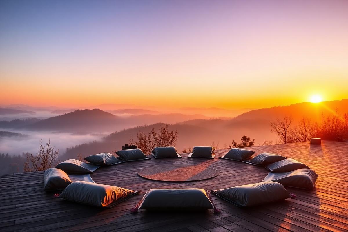 Meditation cushions in a circle on a deck overlooking misty hills at sunrise